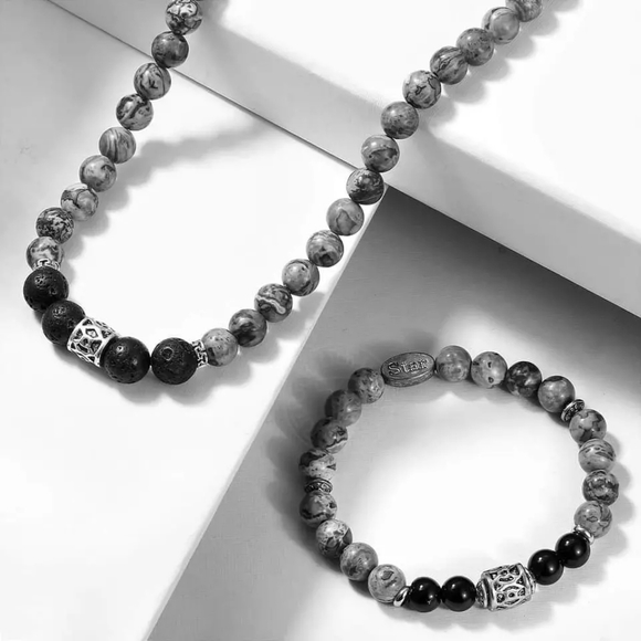 Natural Map stone,black lava beaded men's… - Picture 2 of 5